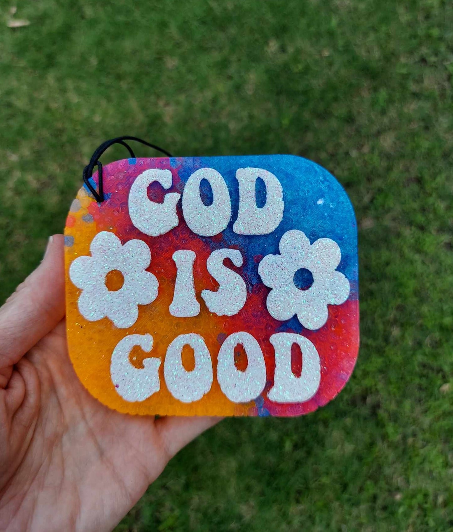 God Is Good Freshie - Rainbow Tie Dye Background White Text