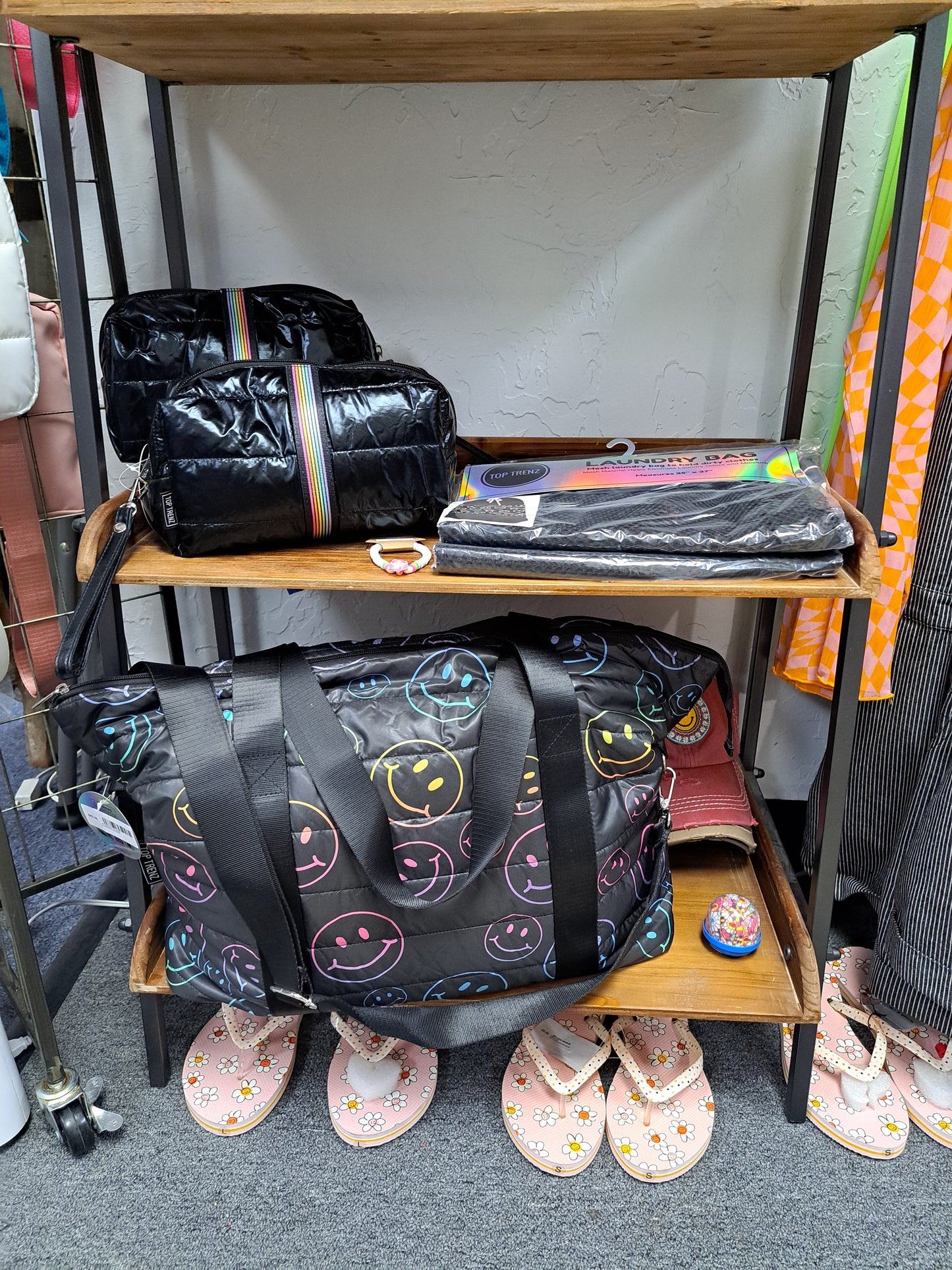 Black Puffer Cosmetic Bag Rainbow Track Straps