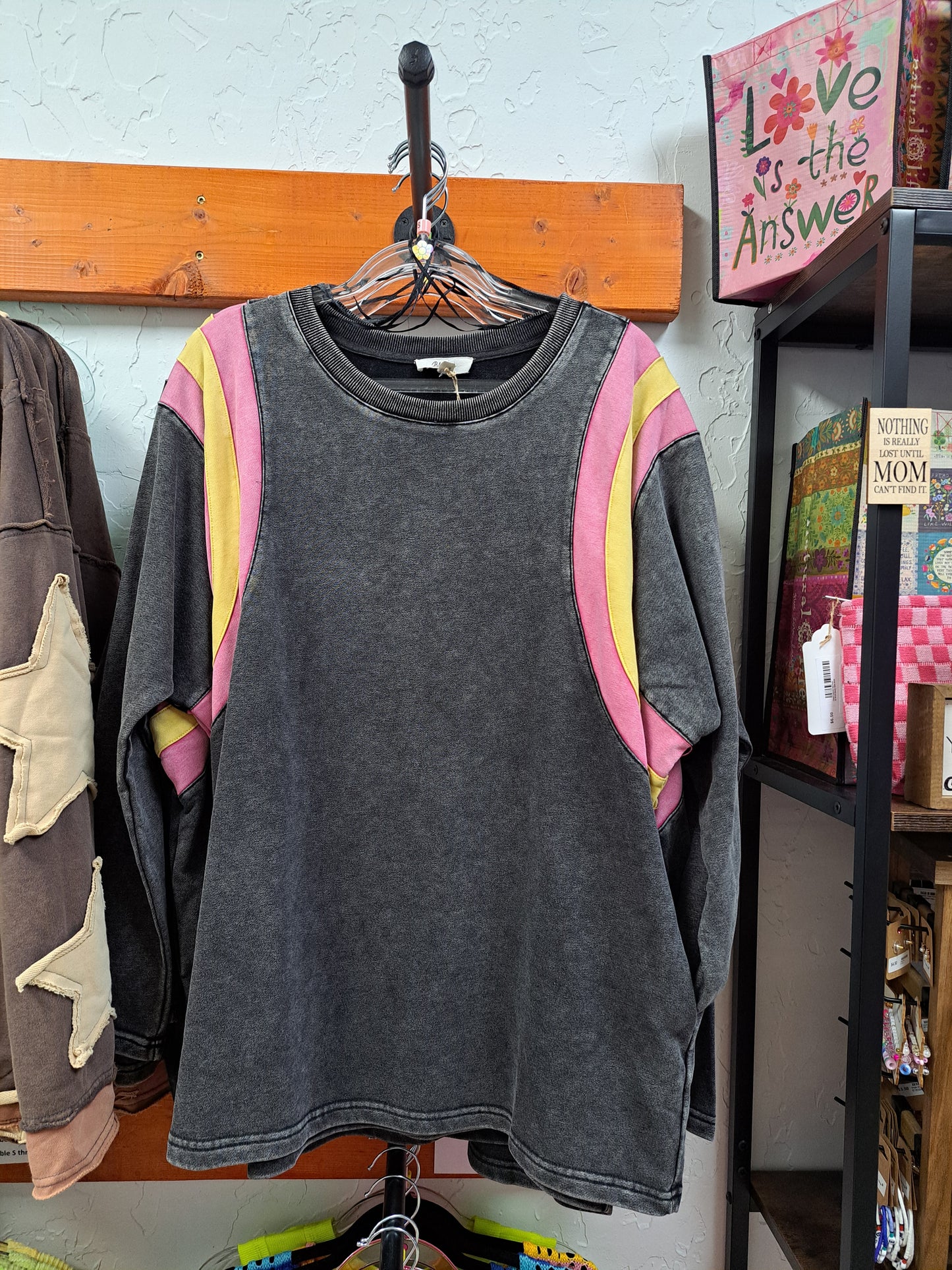 Oversized Stonewashed Top With Orange & Pink Shoulder Stripe - Large