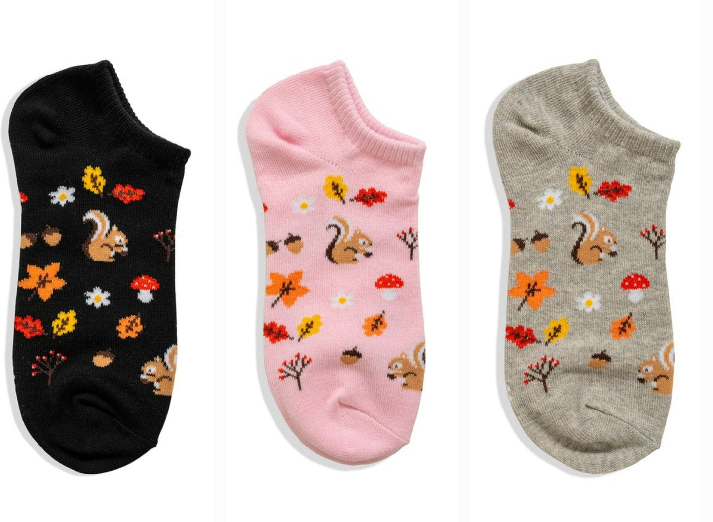 Three ankle socks, black, pink, gray with fall print squirrel leaf mushrooms on a white background