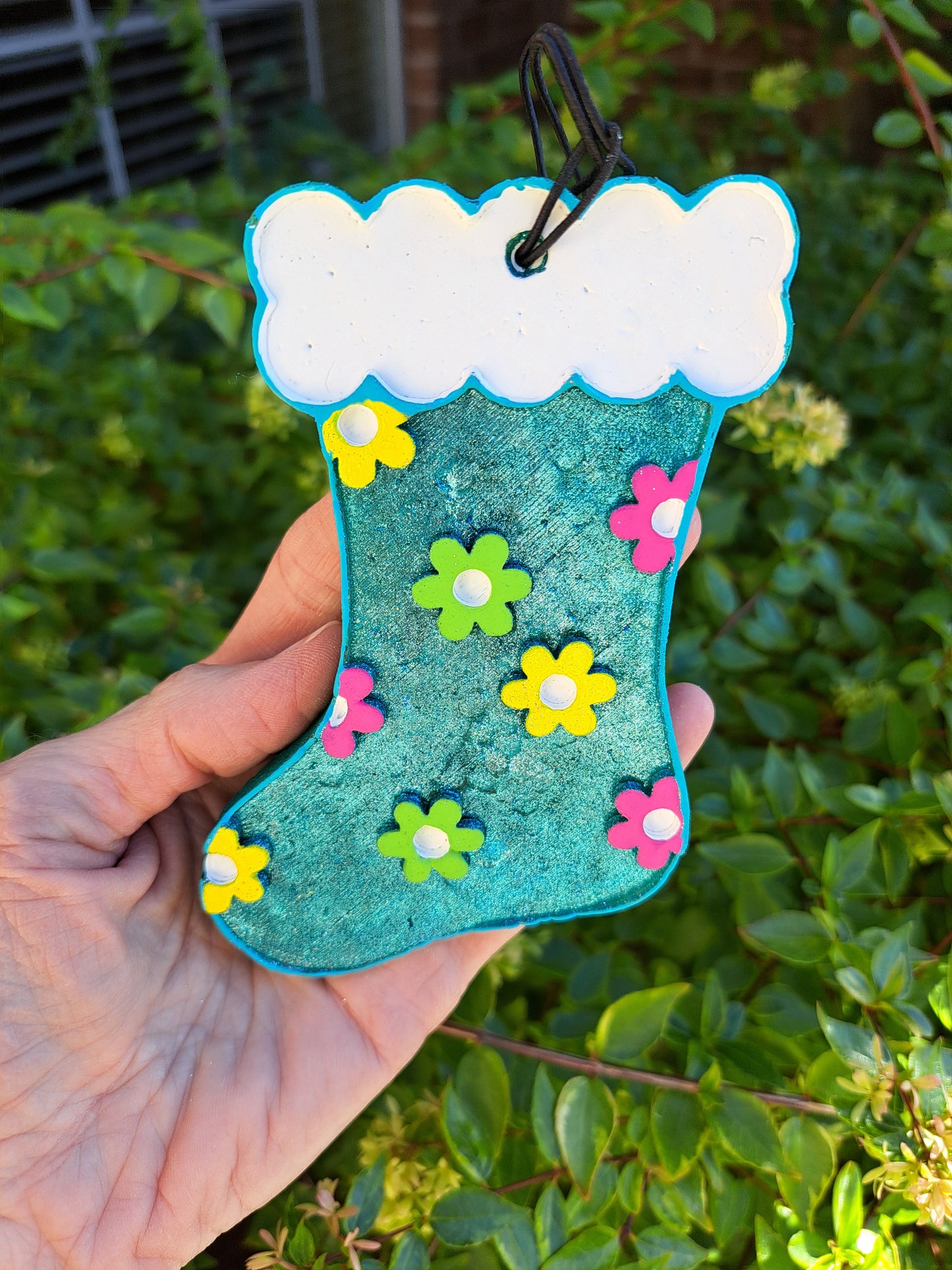 Blue Metallic Stocking With Flowers Freshie