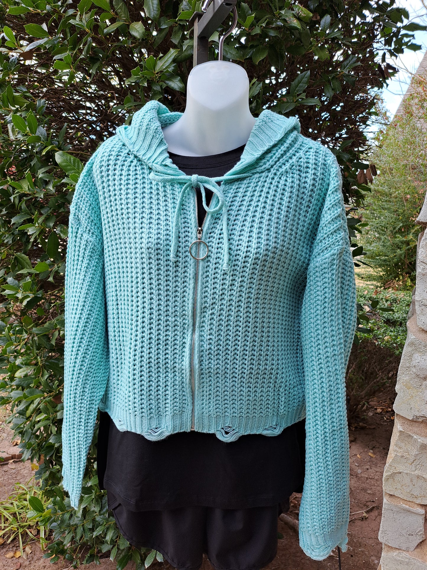 Blue Green Mint Zip Front Knit Distressed Sweater Hoodie