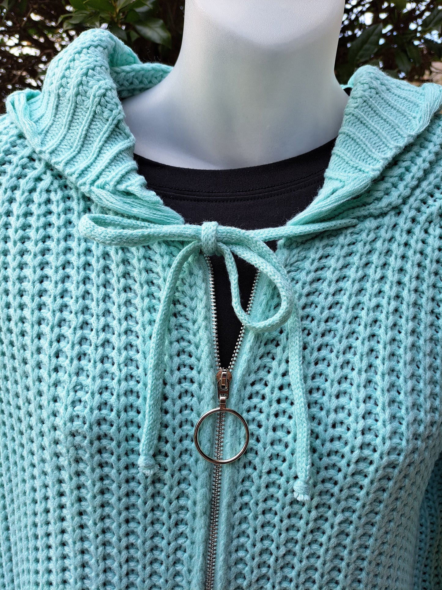 Blue Green Mint Zip Front Knit Distressed Sweater Hoodie