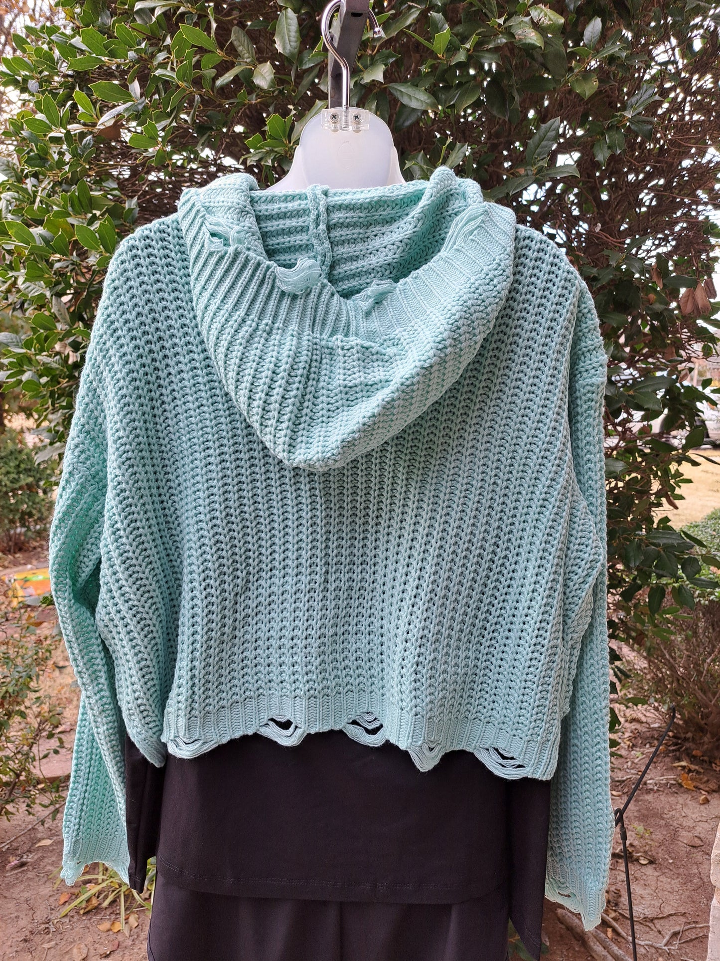 Blue Green Mint Zip Front Knit Distressed Sweater Hoodie