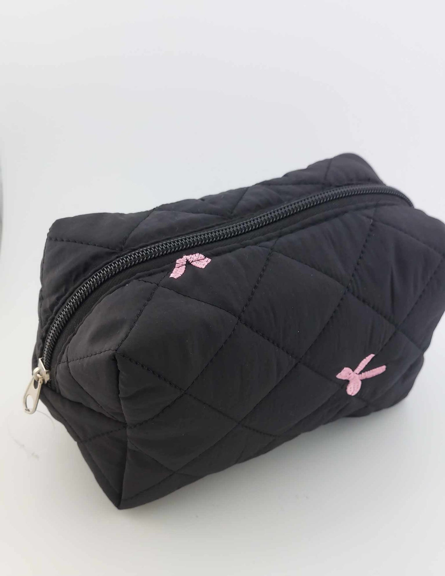 Black Cosmetic Bag - Pink Embroidered Bows