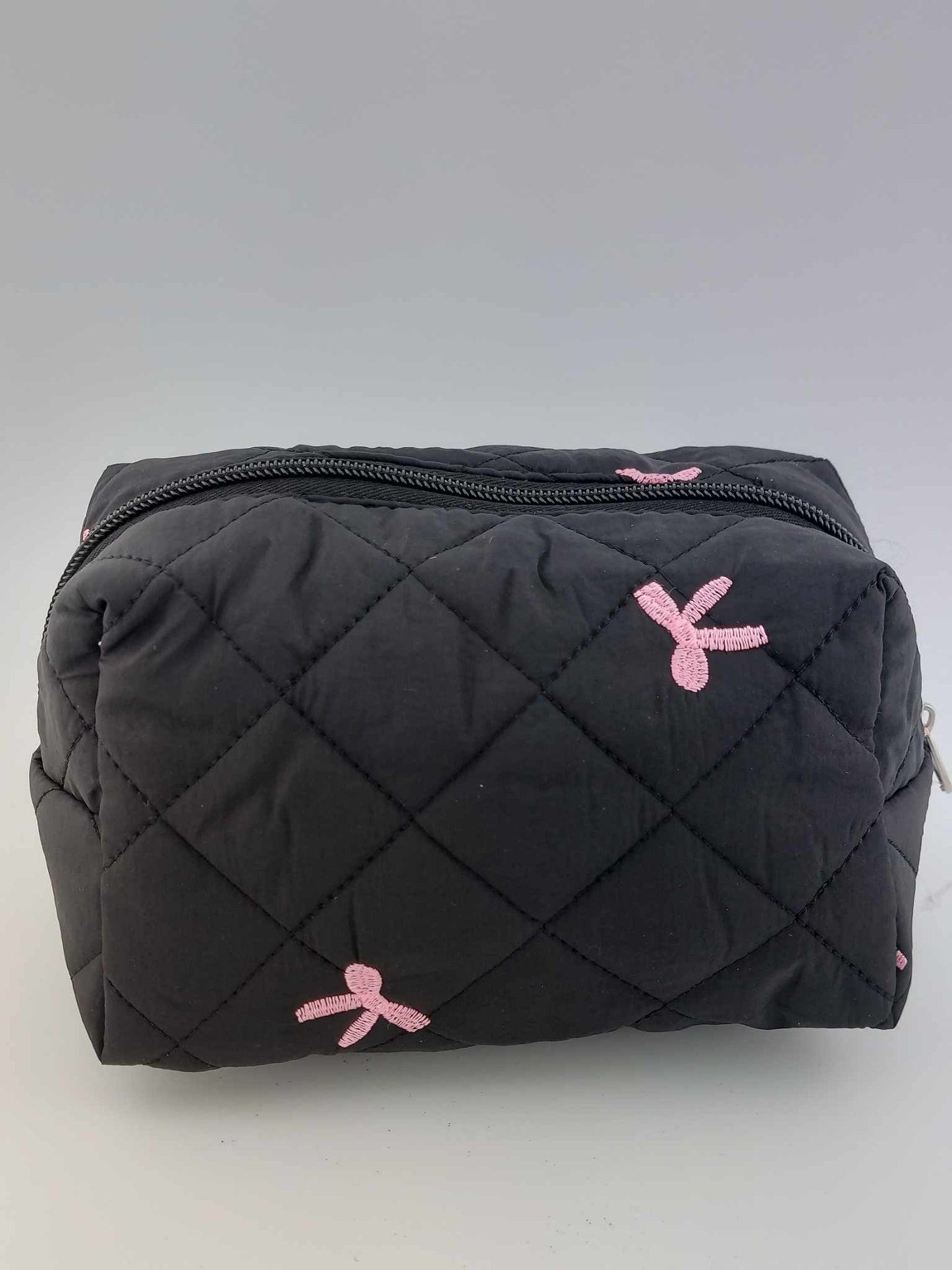Black Cosmetic Bag - Pink Embroidered Bows