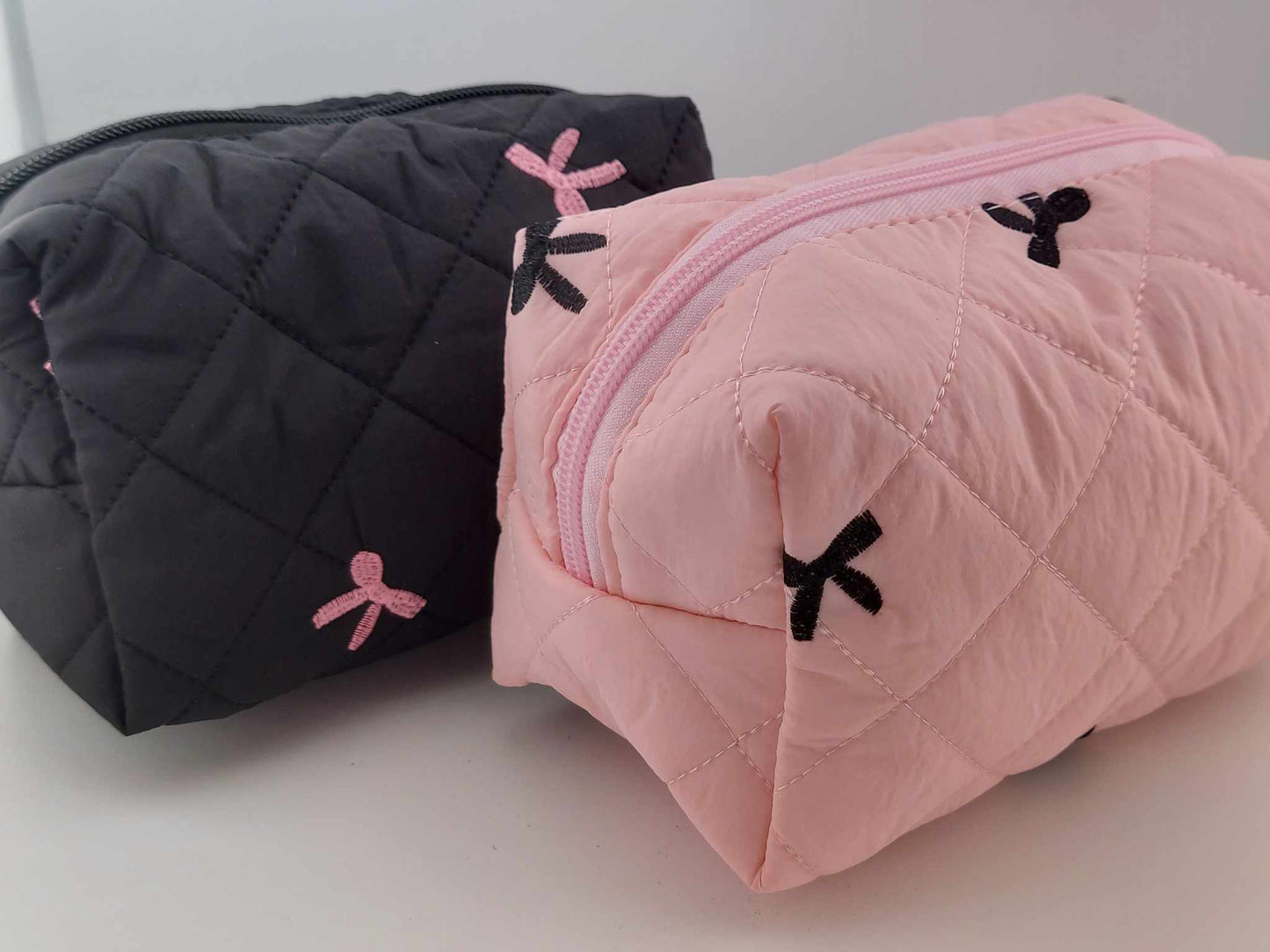 Black Cosmetic Bag - Pink Embroidered Bows