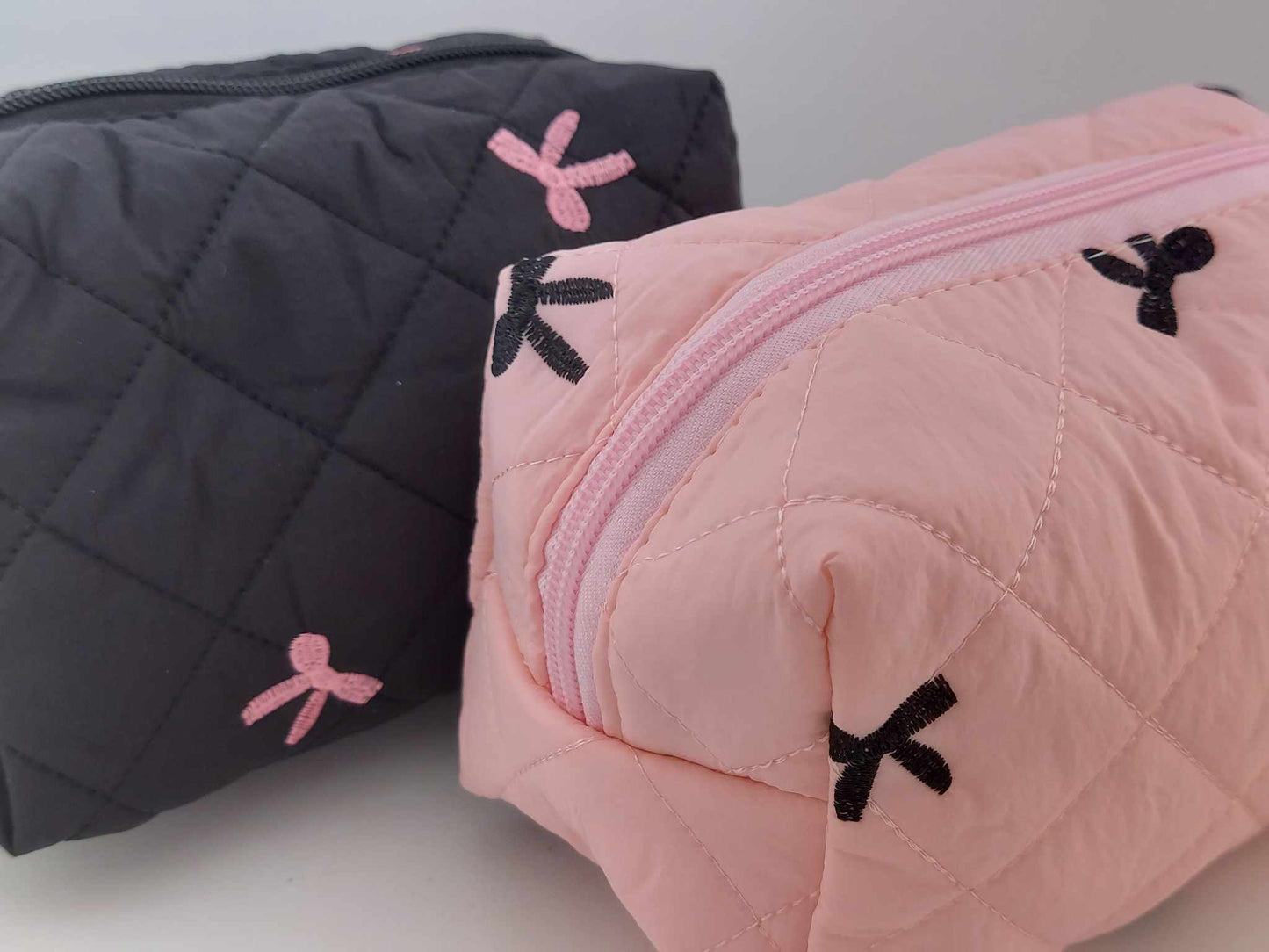 Black Cosmetic Bag - Pink Embroidered Bows