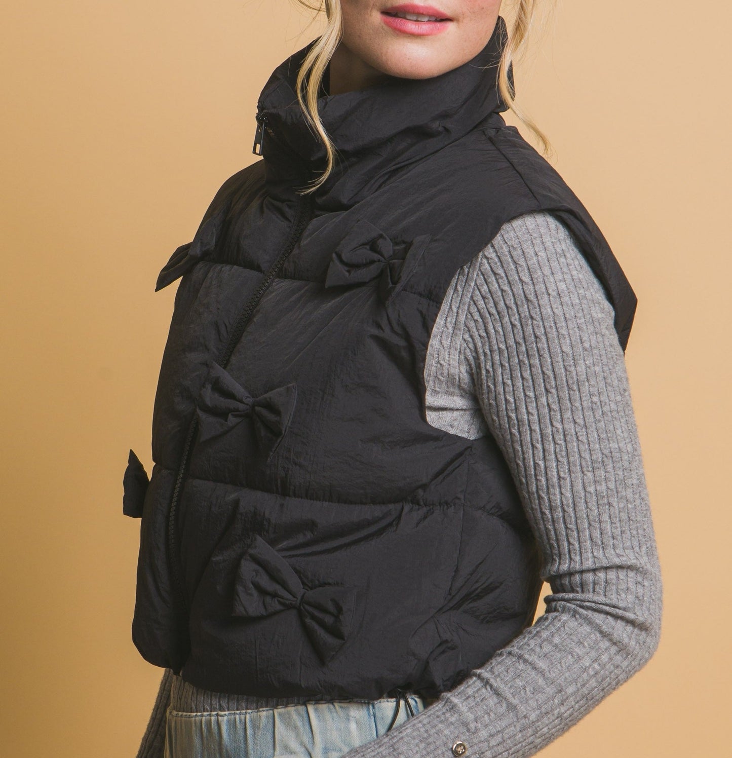 Lightweight Zip Front Black Puffer Vest With Bows M L