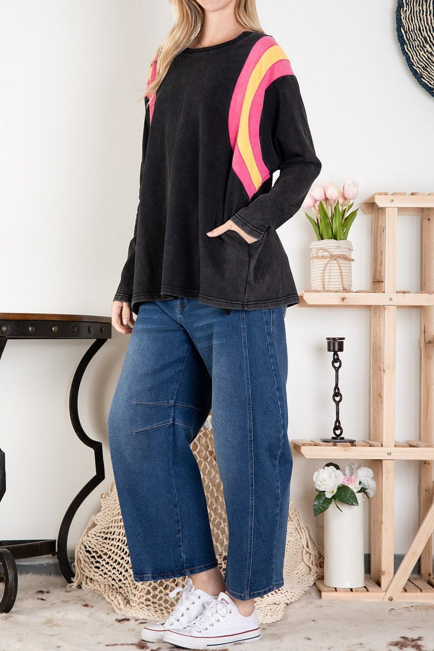 Oversized Stonewashed Top With Orange & Pink Shoulder Stripe - Large