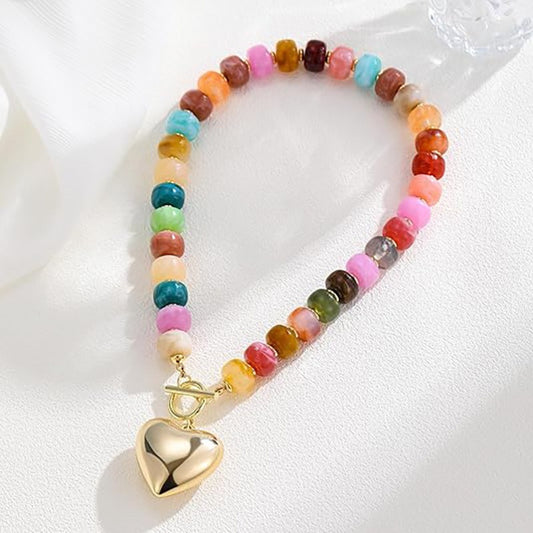 Colorful Chunky Bead Necklace with Heart Charm