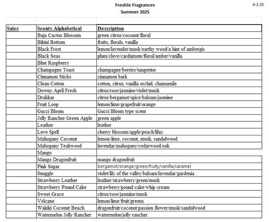 Freshie Scent List, Front