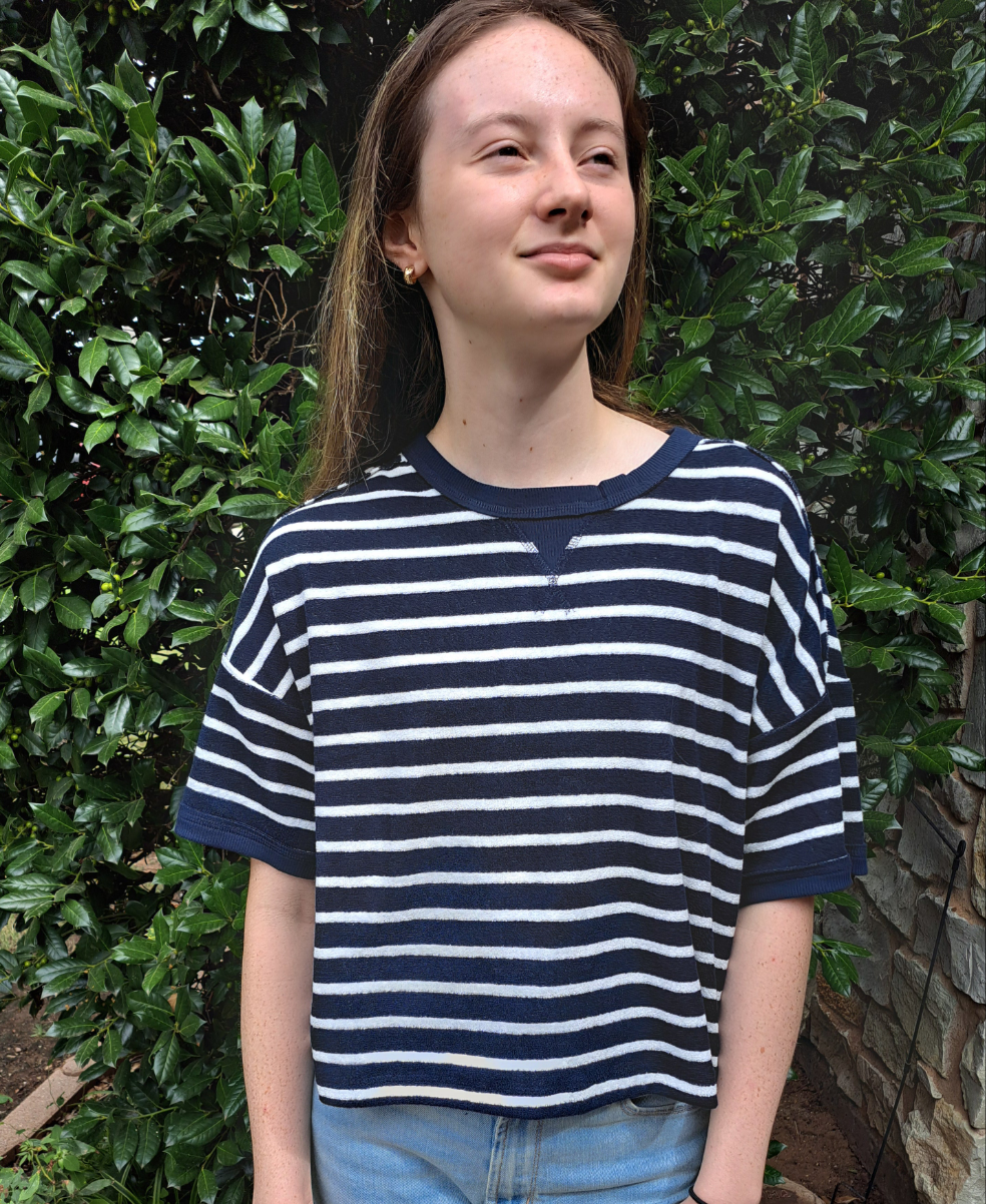 Oversized Navy and White Striped Terry Top - M L