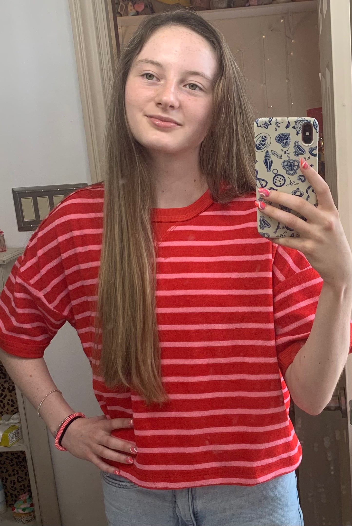 Red and Pink Striped Terry Feel Striped Knit Top - VeryJ