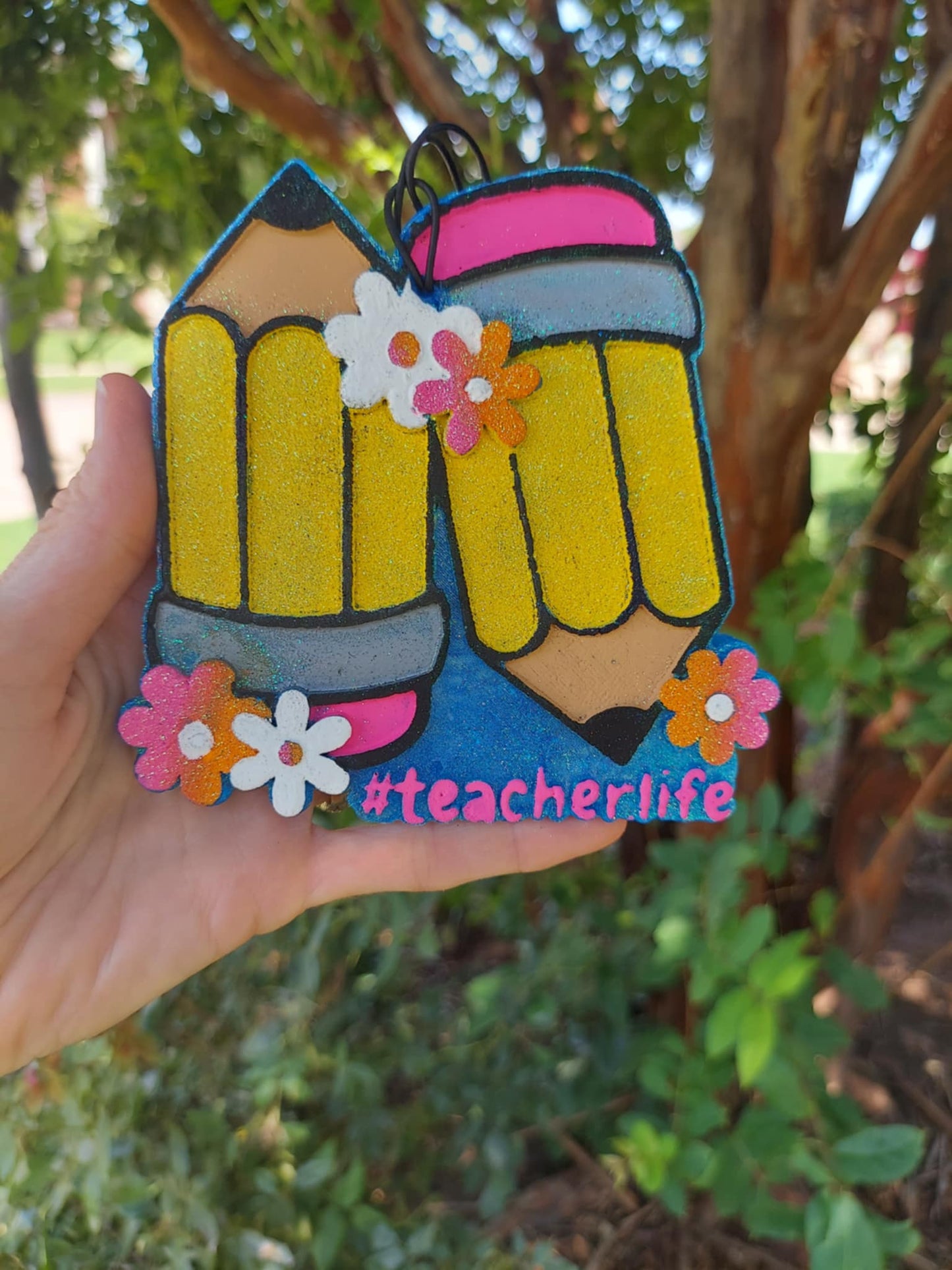 Teacher Life Freshie - Blue Background & Pink/Orange/White Flowers