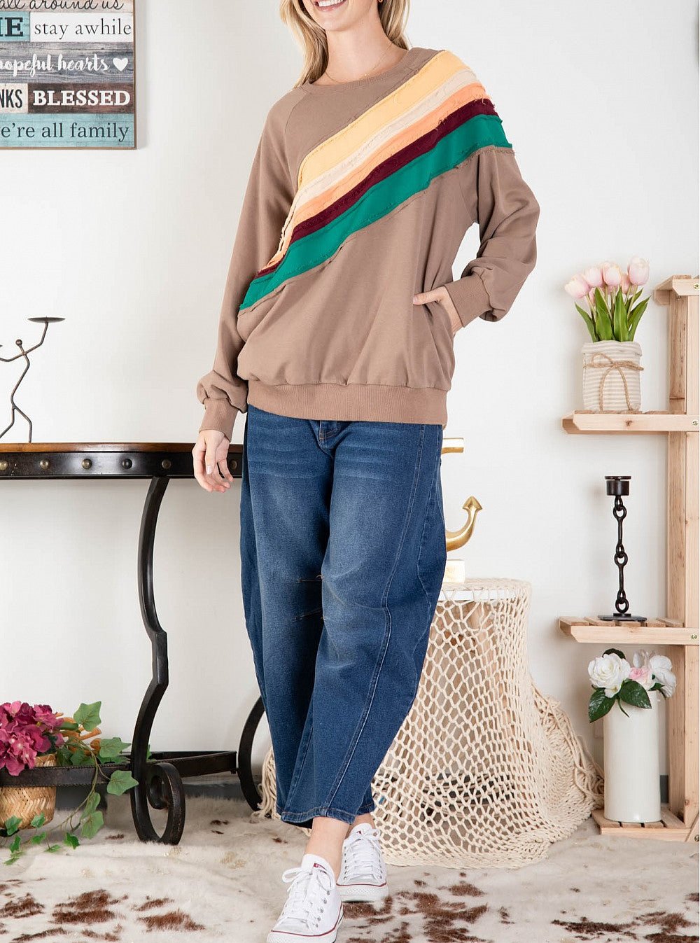 Oversized Mocha Fall Rainbow Sweatshirt Top M L