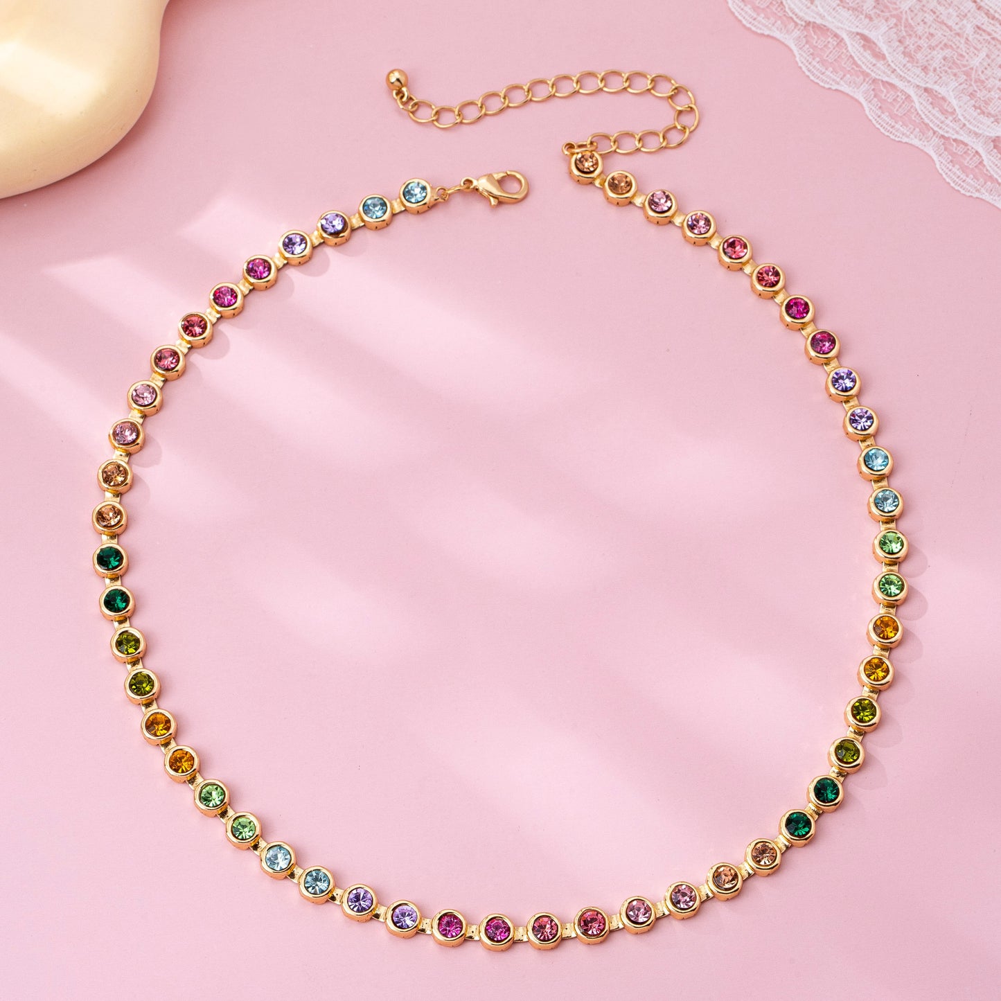 Rainbow Bezel-set Gemstone Tennis Necklace