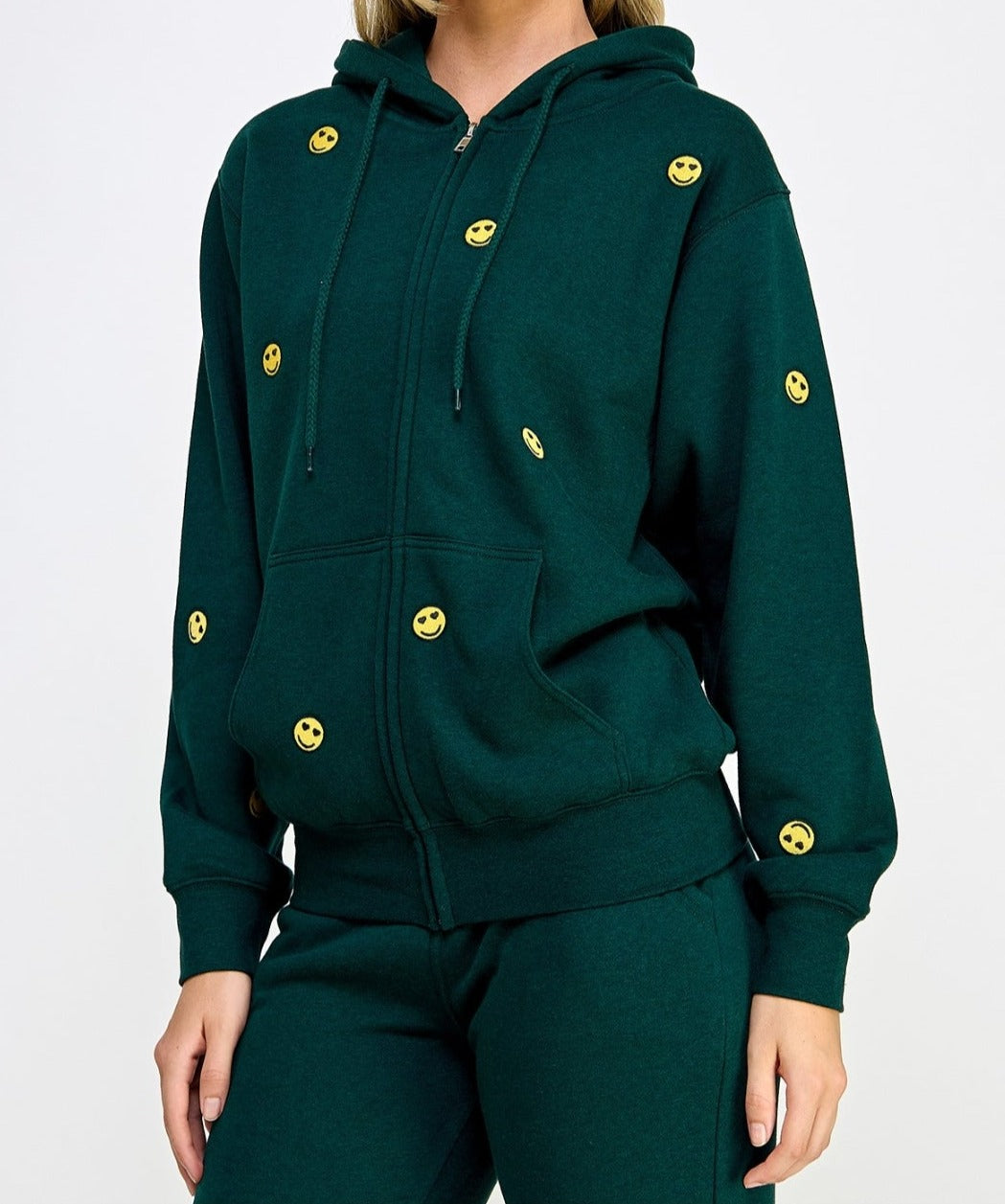 Black Embroidery Smiley Face Zip Front Hoodie