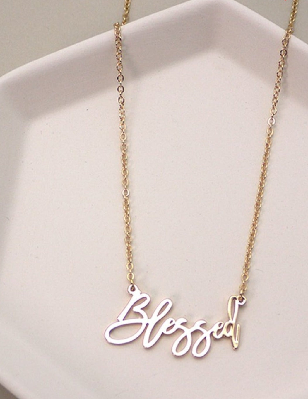 Blessed Script Necklace on Dainty Gold Chain