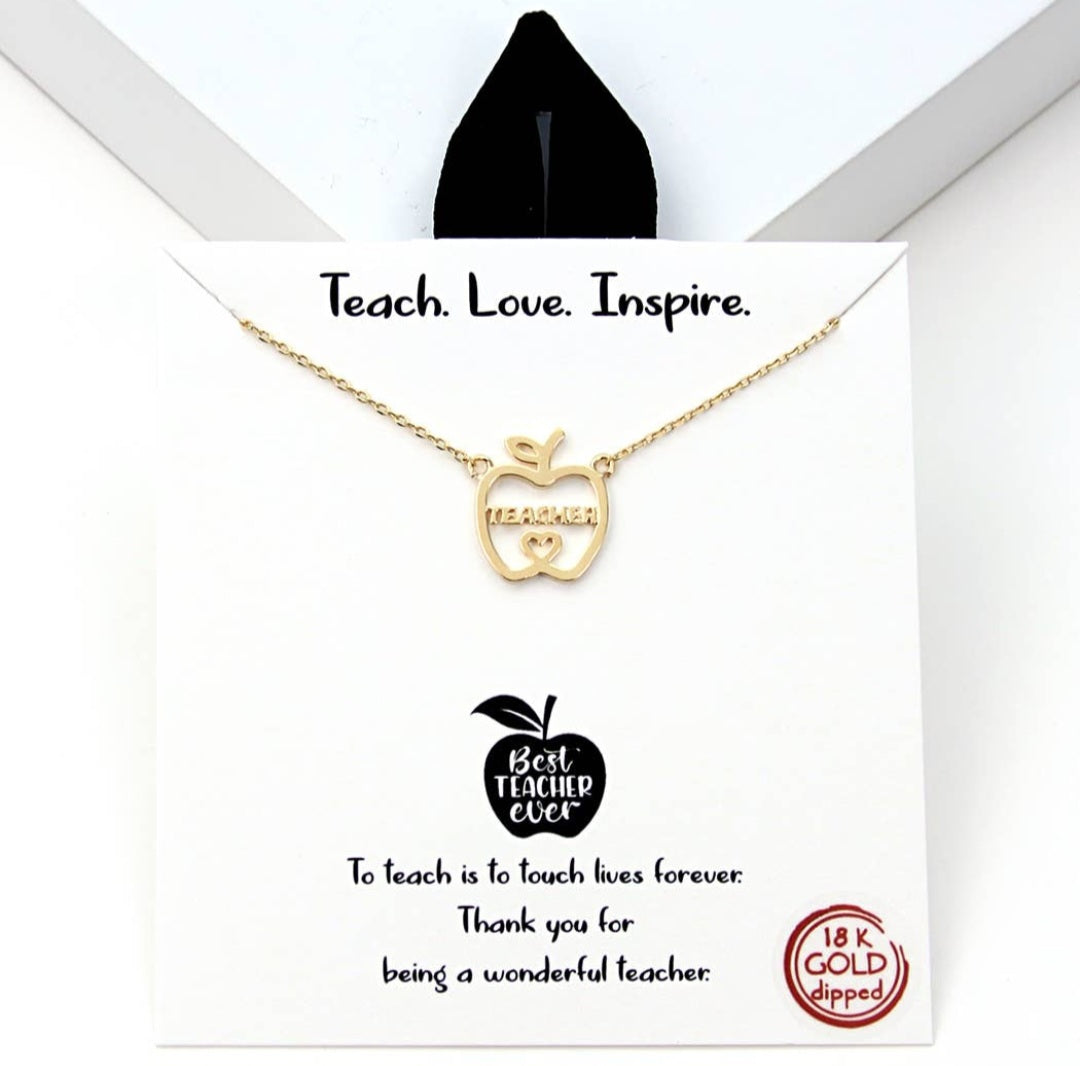 18K Gold Dipped Teacher Necklace - Apple and Heart Shape