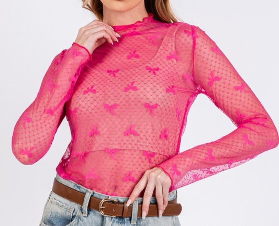 Hot Pink Bow Print Lace Mesh Top