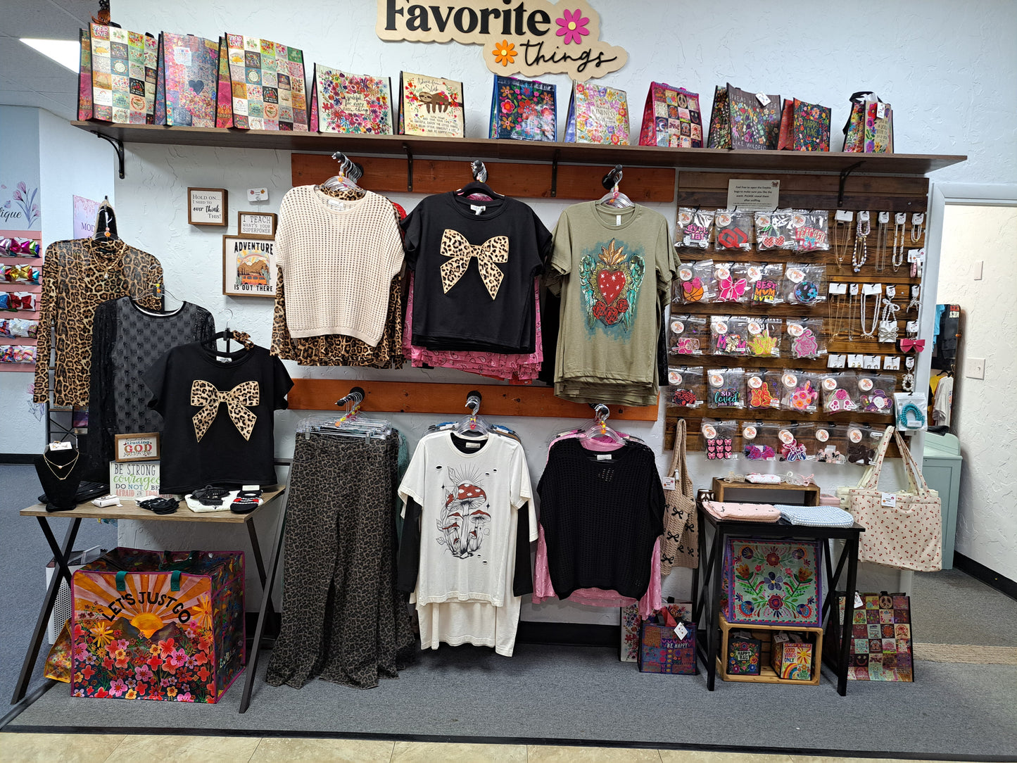 display in store of clothing and bags