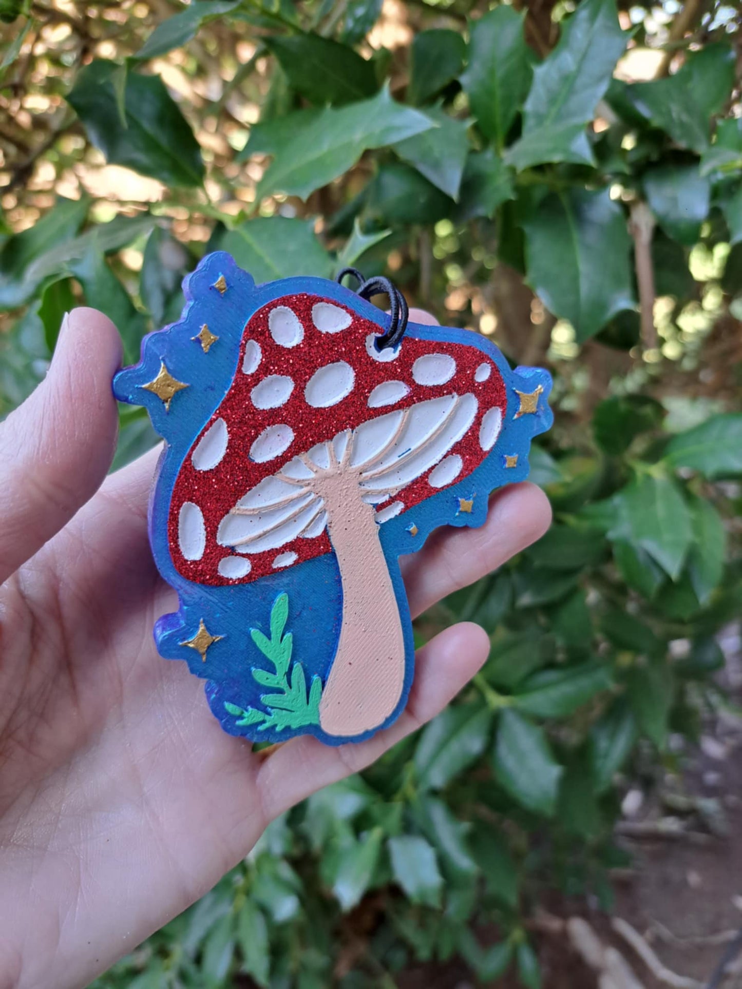 Mushroom Freshie - Metallic Blue Background Red Top