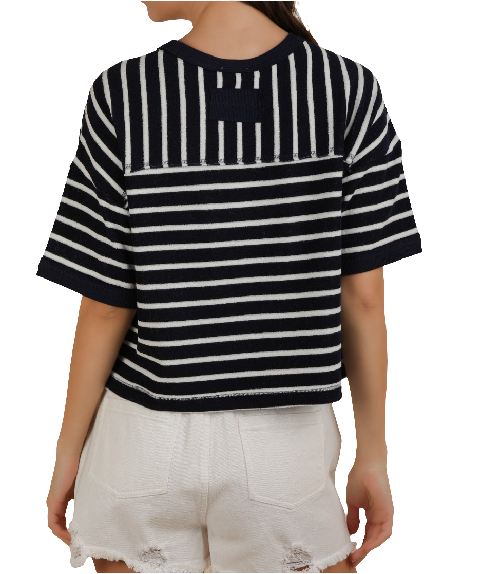 Oversized Navy and White Striped Terry Top - M L
