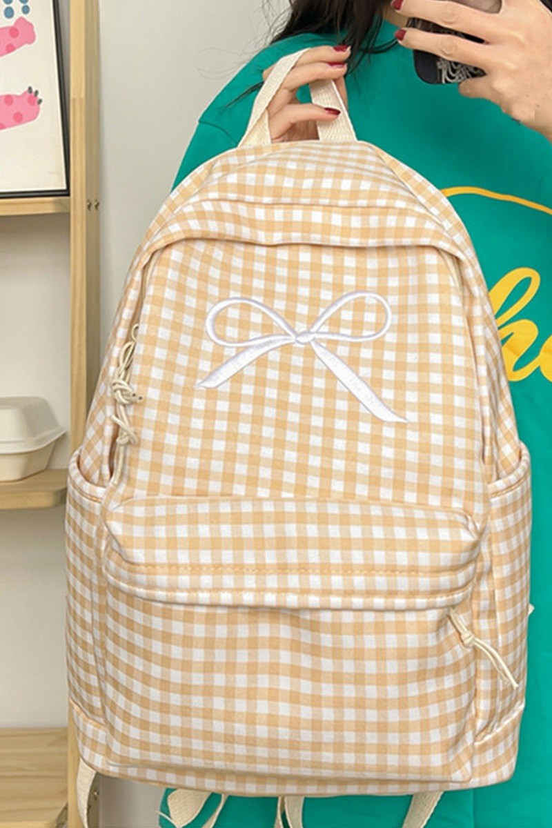 Beige and White Checkered Backpack with Embroidered Bow