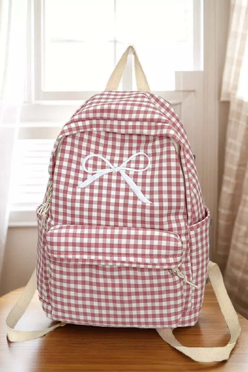 pink white check backpack