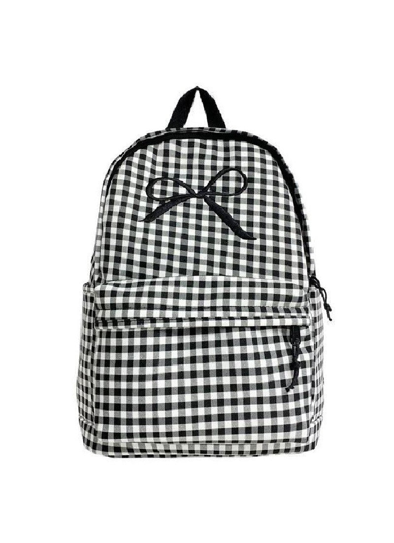 Black and White Checkered Backpack with Embroidered Bow
