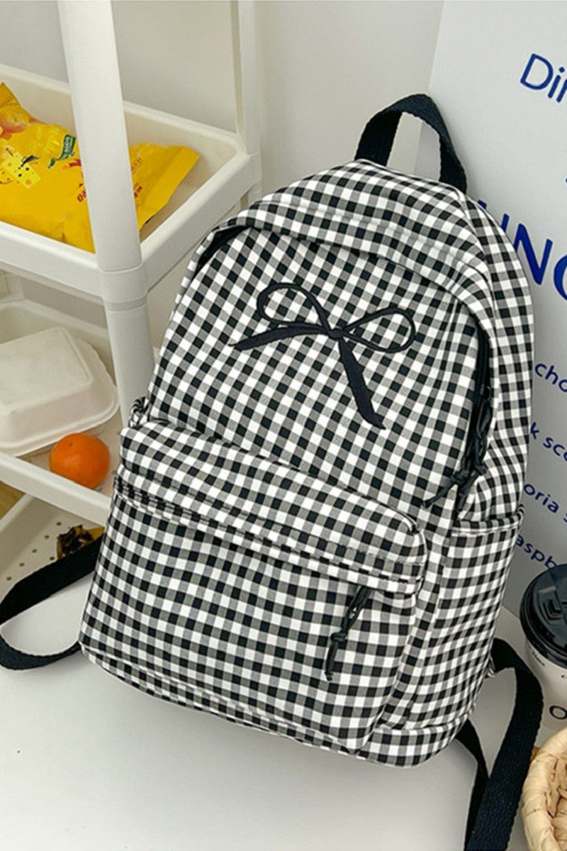 Black and White Checkered Backpack with Embroidered Bow