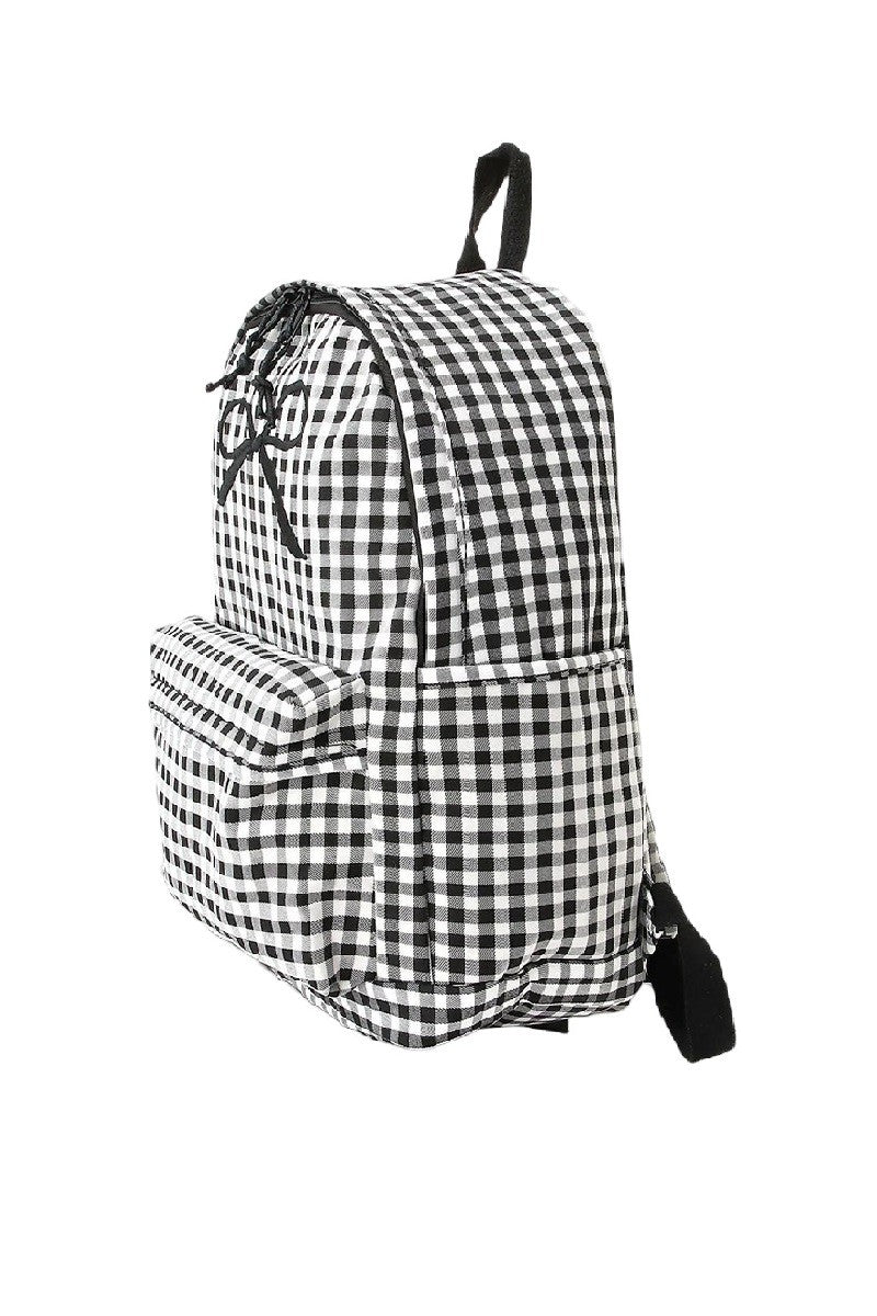 Black and White Checkered Backpack with Embroidered Bow