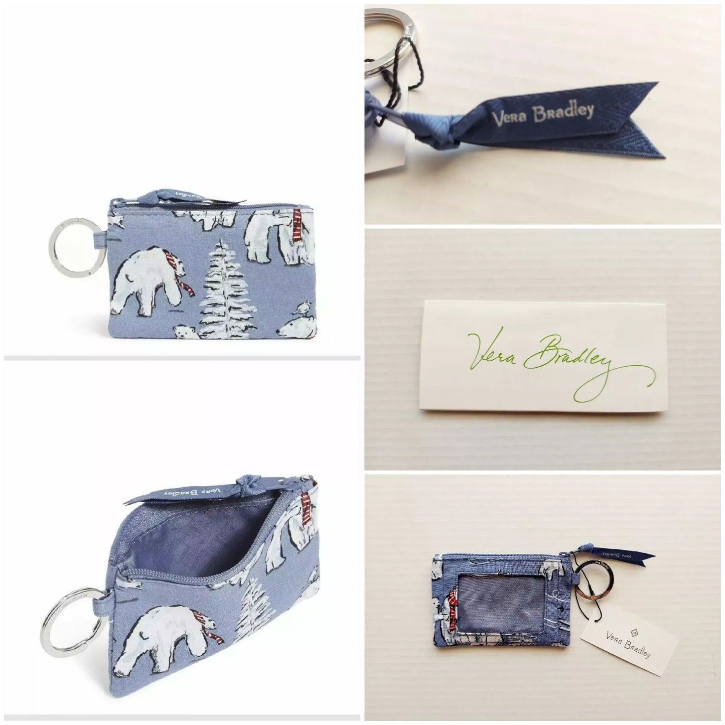 Winter bear pattern on a light blue zip id coin holder with clear ID window.