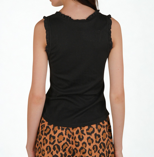 woman wearing a black ruffle trim tank top against a white background. Back view