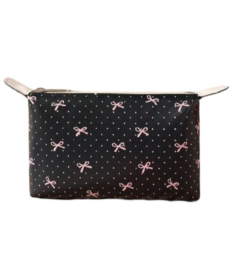 Black Vegan Cosmetic Bag With Pink Bow Print