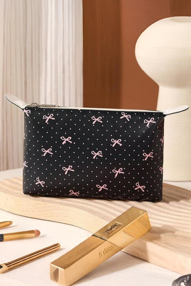 Black Vegan Cosmetic Bag With Pink Bow Print