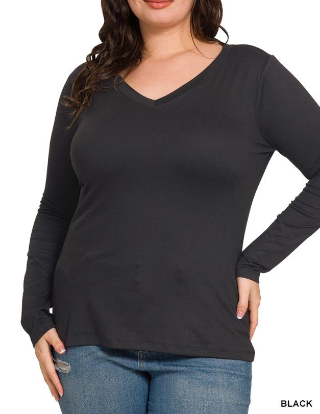Black Microfiber V-Neck Long Sleeve Top S-3X