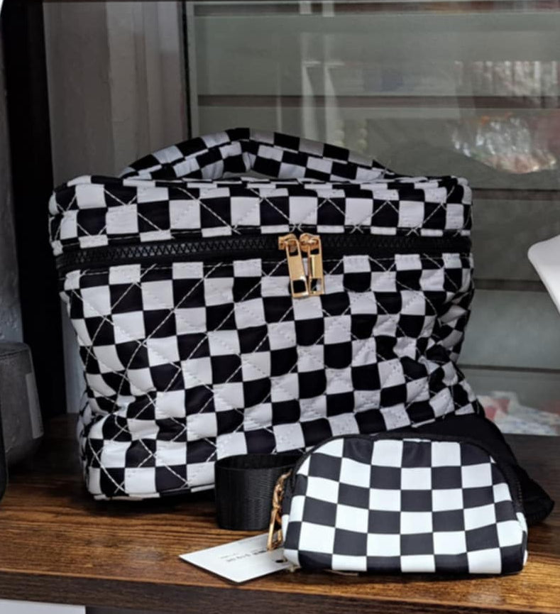 display with black and white bags