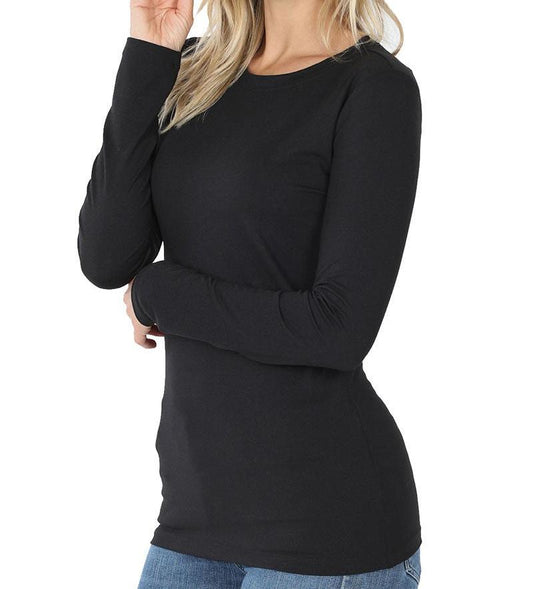 Black Microfiber Round Neck Long Sleeve Top S M XL 1X 2X
