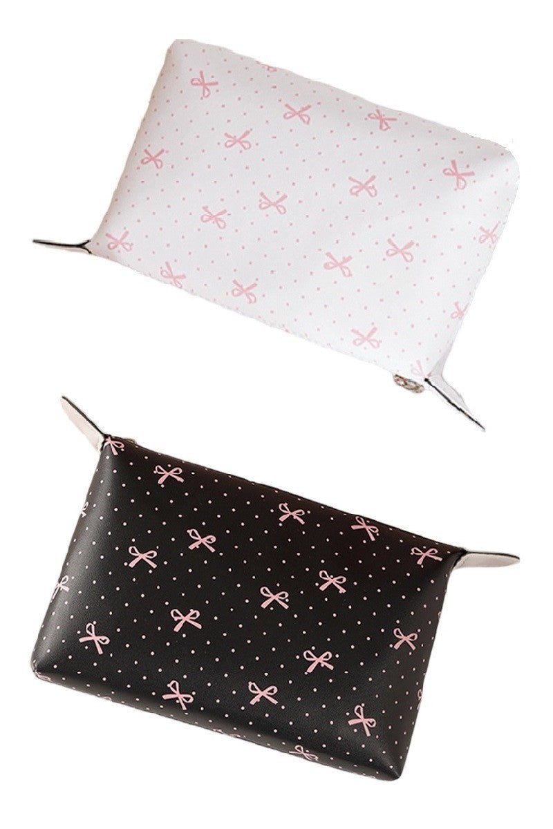 Ivory Vegan Cosmetic Bag With Pink Bow Print