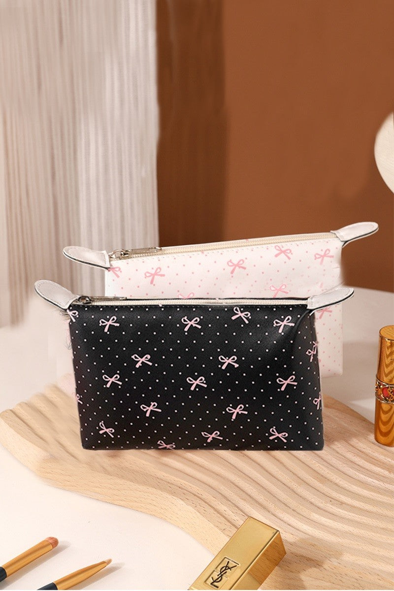 Ivory Vegan Cosmetic Bag With Pink Bow Print