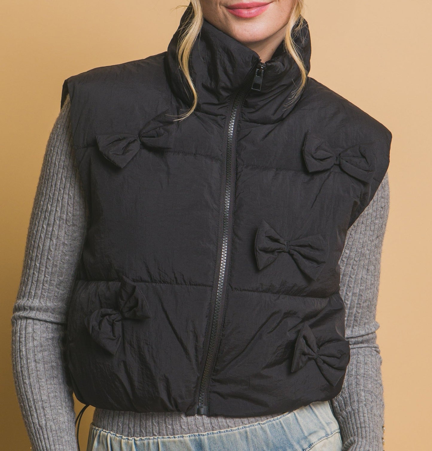 Lightweight Zip Front Black Puffer Vest With Bows M L