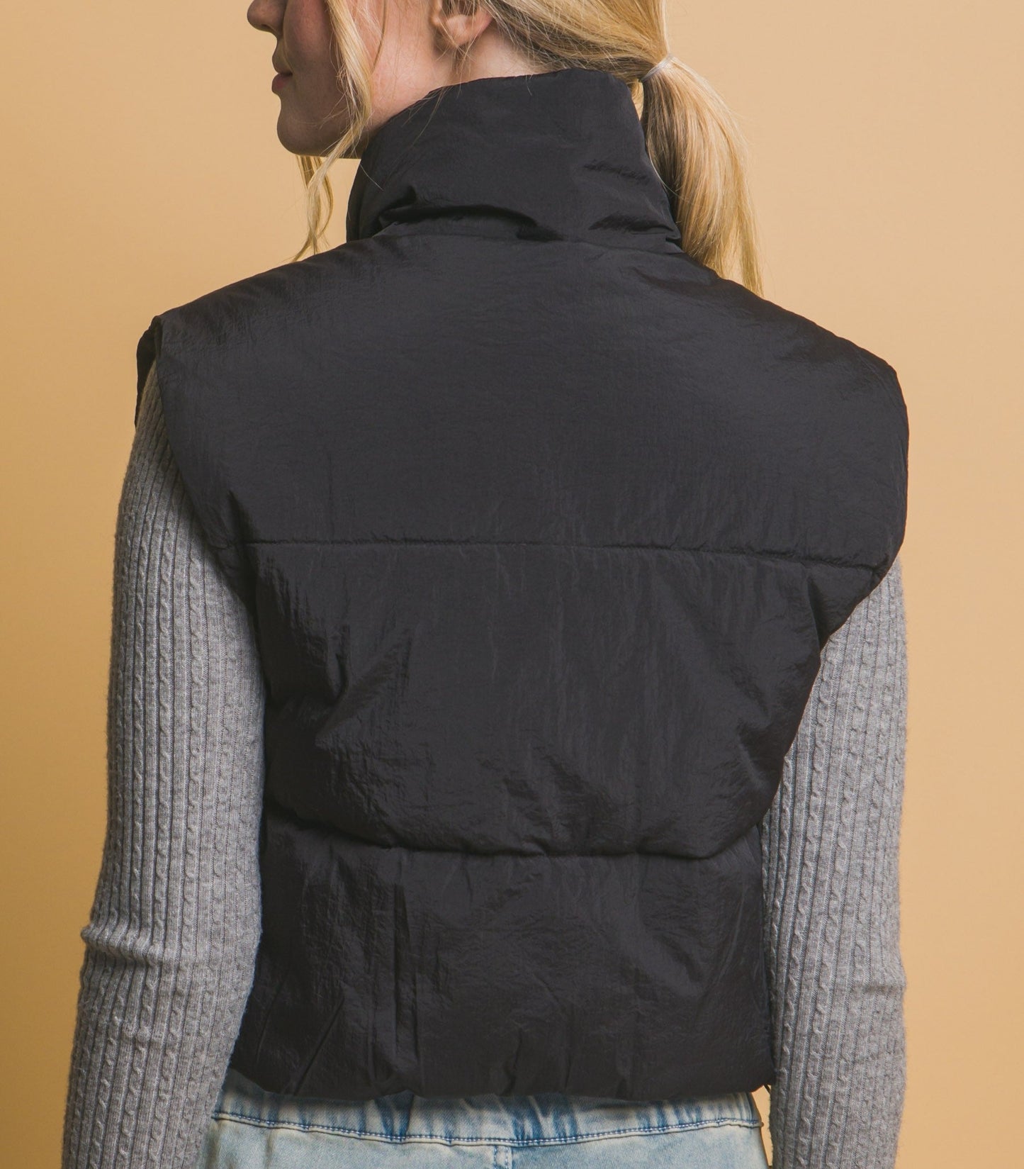 Lightweight Zip Front Black Puffer Vest With Bows M L