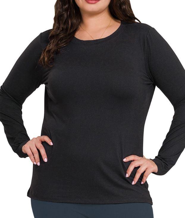 Black Microfiber Round Neck Long Sleeve Top S M XL 1X 2X