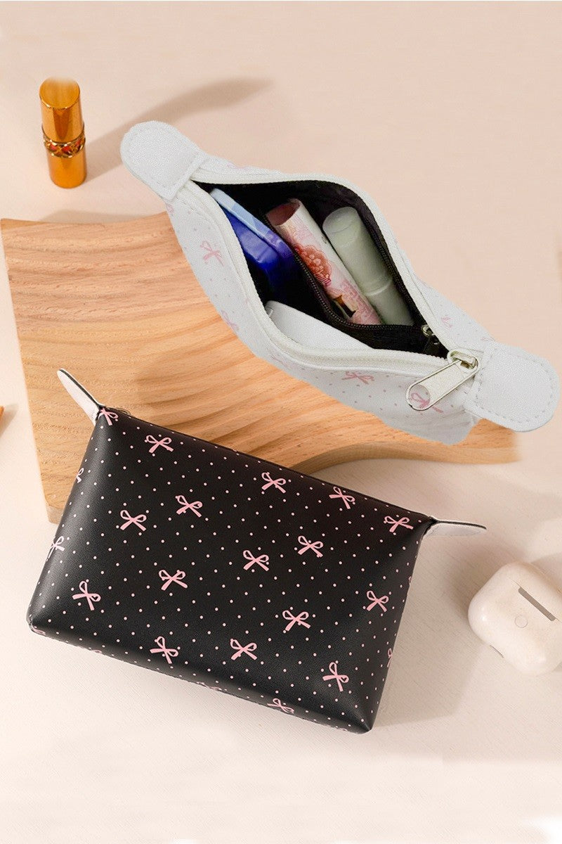 Ivory Vegan Cosmetic Bag With Pink Bow Print