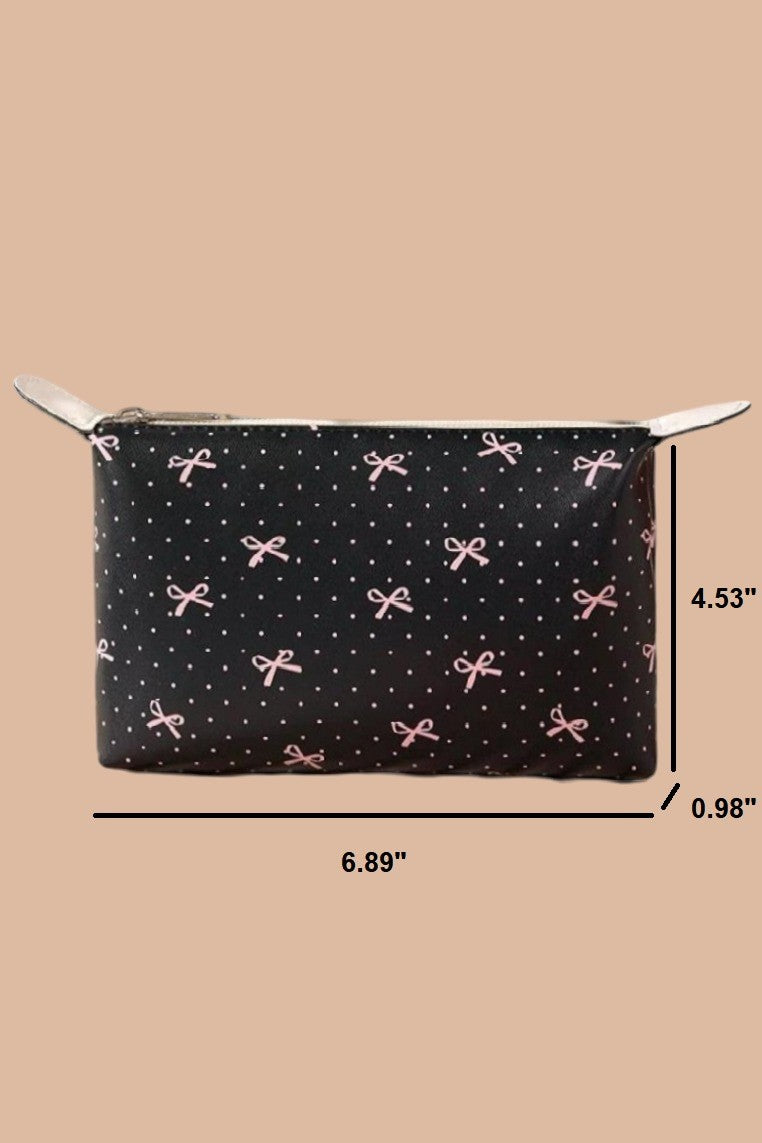 Black Vegan Cosmetic Bag With Pink Bow Print