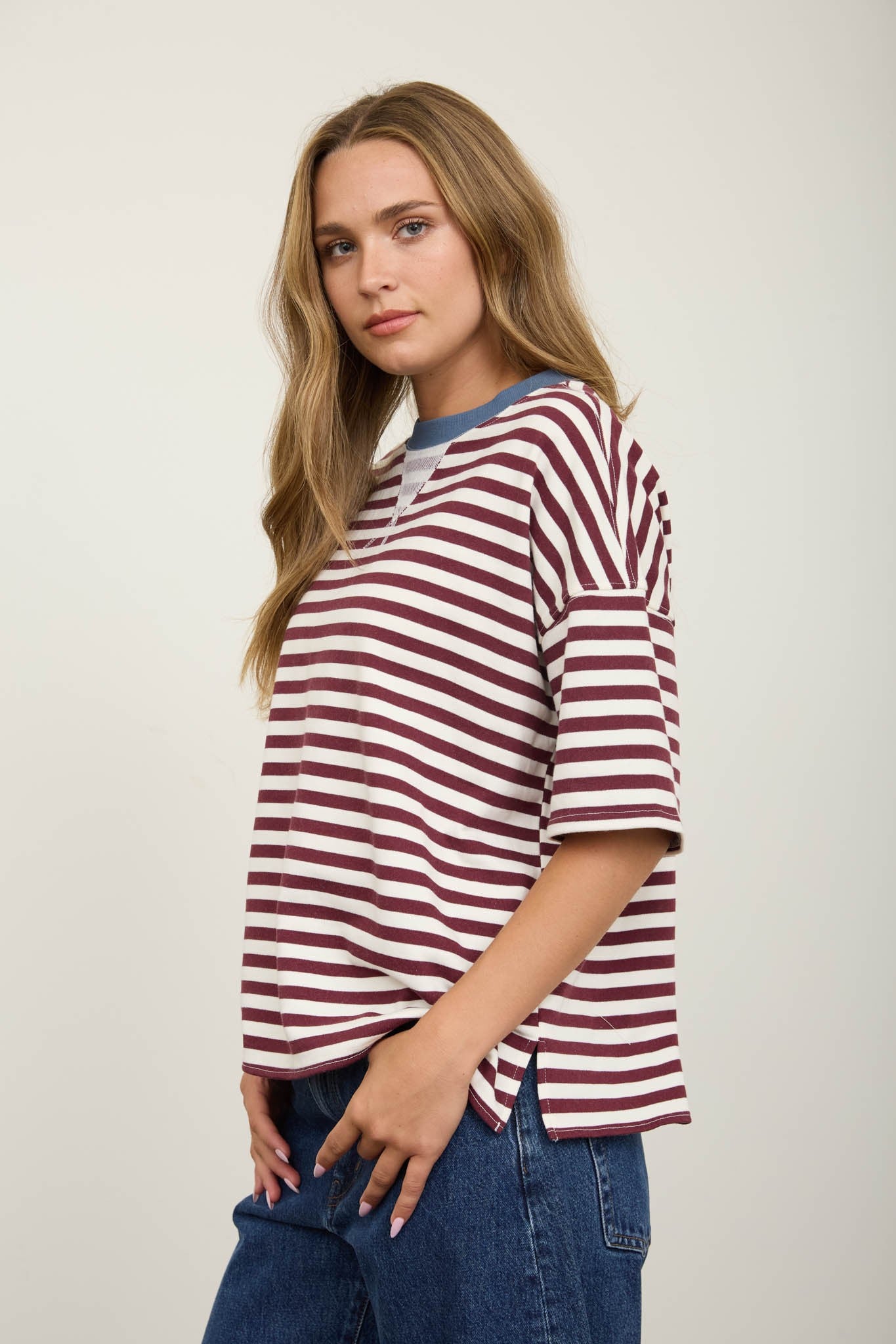 Burgundy Stripe Short Sleeve Knit Top