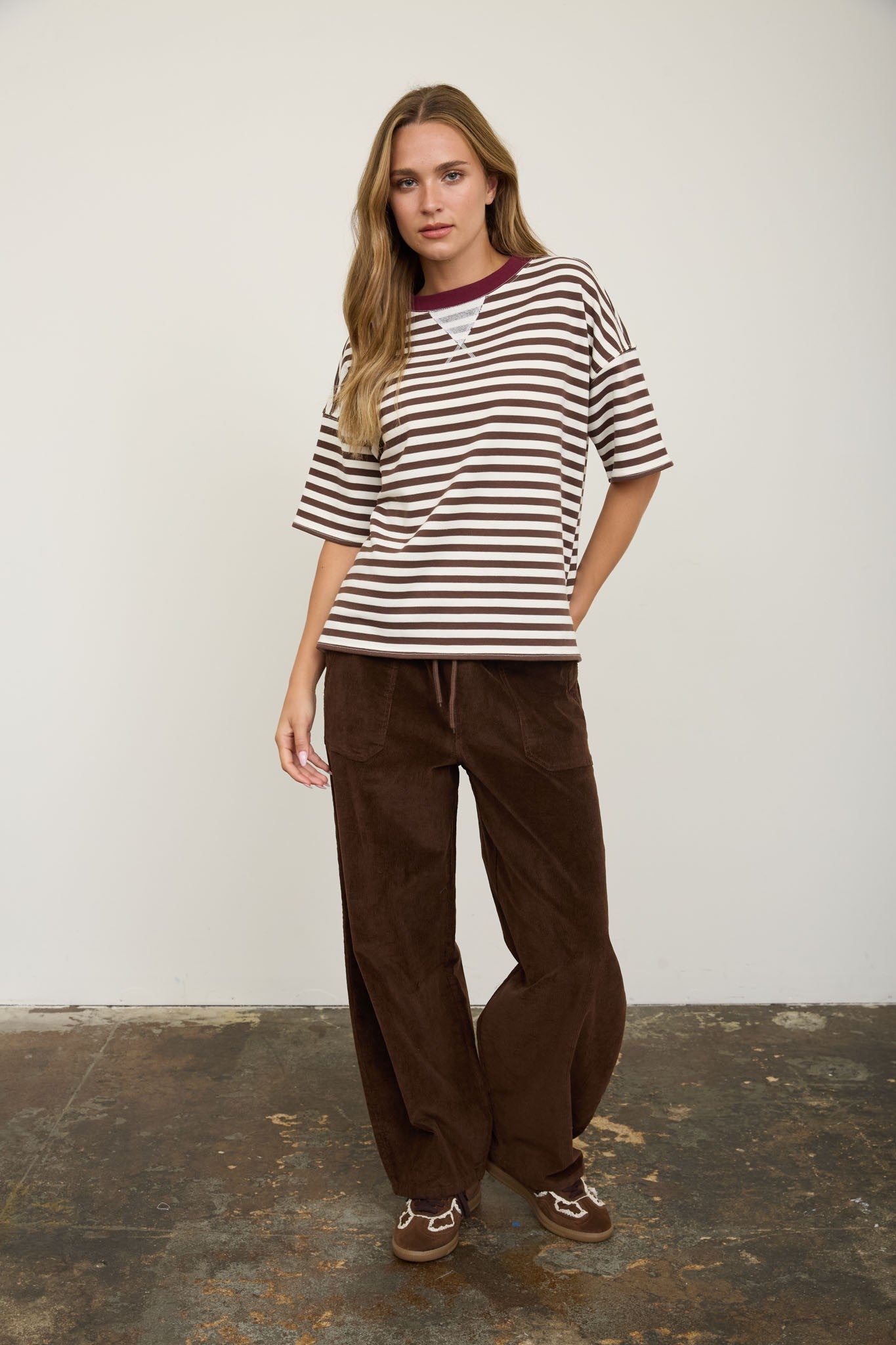 Dark Brown Stripe Short Sleeve Knit Top