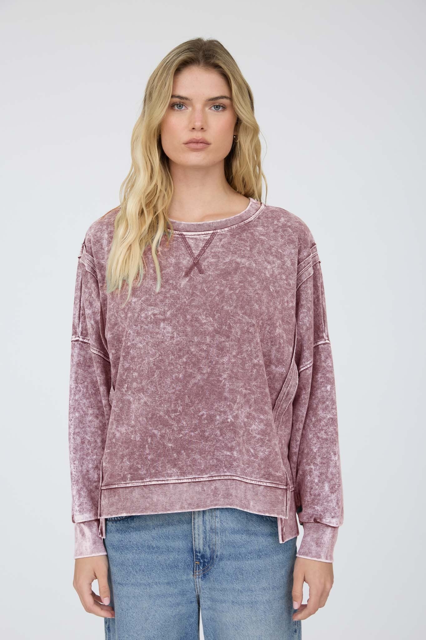 Maroon Acid Wash Long Sleeve Top